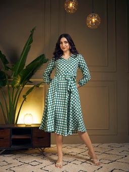 Meeranshi - Green-Coloured Polka Dot Midi Dress
