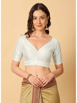 Niraha - White Raw Silk Solid V Neck Stitched Blouse