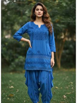 Khaka-The Chikankari Heritage - Blue Women's Premium Cotton Chikankari Kurti with Dhoti