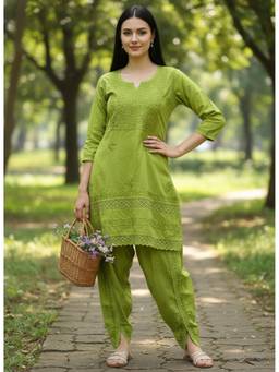 Khaka-The Chikankari Heritage - Green Women's Premium Cotton Chikankari Kurti with Dhoti