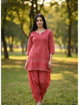 Khaka-The Chikankari Heritage - Coral Women's Premium Cotton Chikankari Kurti with Dhoti