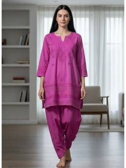 Khaka-The Chikankari Heritage - Magenta Women's Premium Cotton Chikankari Kurti with Dhoti