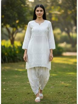 Khaka-The Chikankari Heritage - Off White Women's Premium Cotton Chikankari Kurti with Dhoti