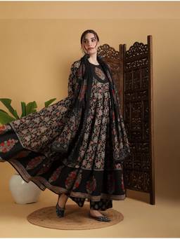 Kimayra - Black Floral Printed Anarkali Pure Cotton Kurta with Palazzo and Dupatta