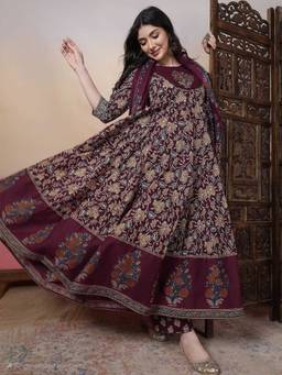 Kimayra - Wine Floral Printed Anarkali Pure Cotton Kurta with Palazzo and Dupatta