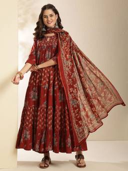 Kimayra - Maroon Floral Printed Cotton Anarkali Pleated Kurta with Pant and Dupatta