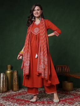 Kimayra - Rust Women Embroidered Viscose Rayon Kurta with Palazzo and Dupatta