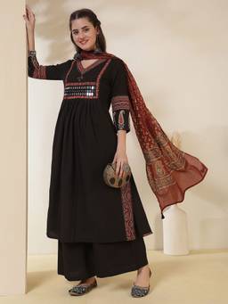 Kimayra - Black Women Embroidered Viscose Rayon Kurta with Palazzo and Dupatta