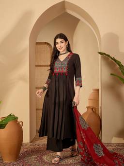 Kimayra - Black Ethnic Motifs Embroidered Empire Thread Work Kurta with Palazzo and Dupatta