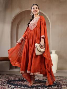 Kimayra - Rust Ethnic Motifs Embroidered Thread Work Pure Cotton Kurta with Pant and Dupatta