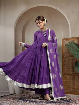 Kimayra - Purple Ethnic Motifs Tiered Mirror Work Pure Cotton Kurta with Pant and Dupatta