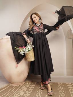 Kimayra - Black Women A-Line Pure Cotton Kurta with Palazzo and Dupatta