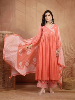 Kimayra - Peach Ethnic Motifs Printed Angrakha Pure Cotton Kurta with Palazzo and Dupatta