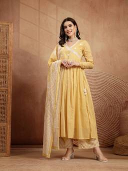 Kimayra - Yellow Ethnic Motifs Printed Angrakha Pure Cotton Kurta with Palazzo and Dupatta