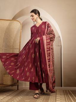 Kimayra - Wine Ethnic Motifs Printed Empire Pure Cotton Kurta with Palazzo and Dupatta