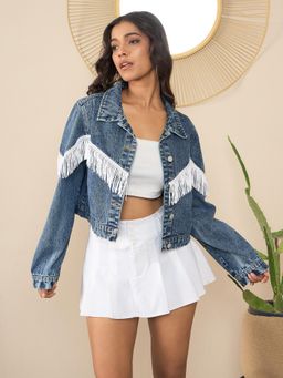 StyleStone - Women Denim Front Fringes Blue Crop Jacket