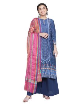 Shingora - Blue Printed Design Cotton Silk Suit Co-Ord (Set of 3)