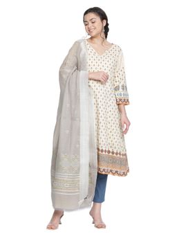 Shingora - Dark Beige Printed Cotton Suit Co-Ord (Set of 3)