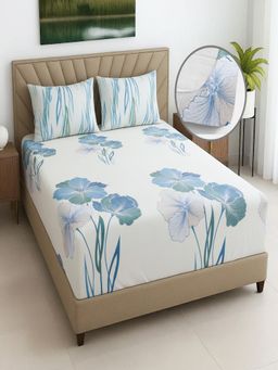 Threadwear - White Floral 270 Tc Glaze Cotton Fitted Bedsheet with 2 Pillow Covers (Queen)