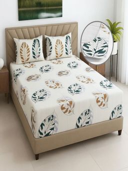 Threadwear - White Floral 270 Tc Glaze Cotton Fitted Bedsheet with 2 Pillow Covers (Queen)