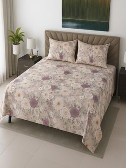 Threadwear - Beige Floral 400 Tc Cotton Flat Bedsheet with 2 Pillow Covers (Super King)