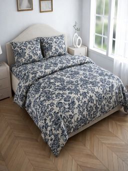 Threadwear - White & Blue Floral Cotton Bedsheet & Dohar with 2 Pillow Covers (Super King)