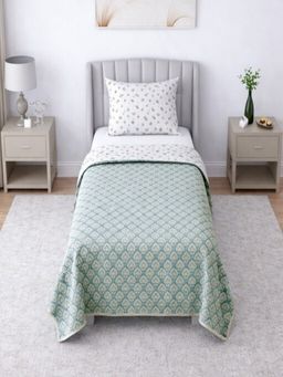 Threadwear - White & Green Floral 350 Tc Cotton Reversible Dohars (Pack of 2) (Single)