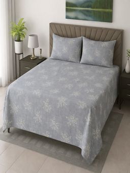 Threadwear - Blue Floral 400 Tc Cotton Flat Bedsheet with 2 Pillow Cover (Super King)