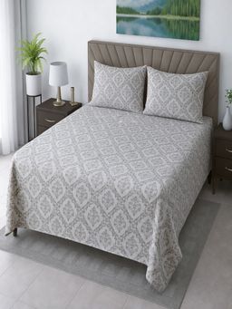 Threadwear - White Floral 400 Tc Cotton Flat Bedsheet with 2 Pillow Covers (Queen)