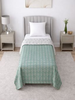 Threadwear - White & Green Floral 350 Tc Cotton Reversible Dohars (Pack of 2) (Single)