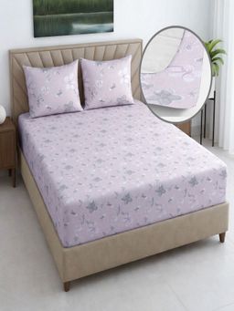 Threadwear - Pink Floral 400 Tc Cotton Fitted Bedsheet with 2 Pillow Cover (Queen)