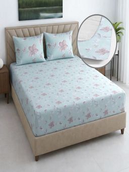 Threadwear - Blue Floral 400 Tc Cotton Fitted Bedsheet with 2 Pillow Covers