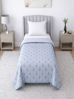 Threadwear - White & Blue Floral 300 Gsm Cotton Reversible Dohar (Single)