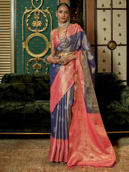 Akhilam - Womens Silk Blend Navy Blue Woven Designer Saree with Unstitched Blouse