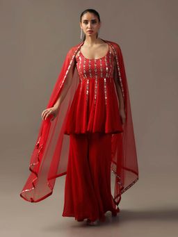 "Two Sisters" by Gyans - Red Mirrorwork Sharara with Peplum Top and Dupatta (Set of 3)