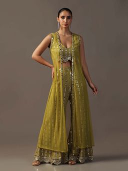 "Two Sisters" by Gyans - Mehendi Green Bustier with Sharara and Cape (Set of 3)