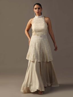 "Two Sisters" by Gyans - Ivory Sequin Halter Kurta with Palazzo (Set of 2)