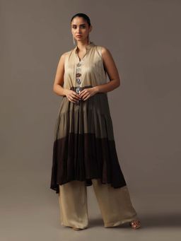 "Two Sisters" by Gyans - Beige Tiered Kurta with Palazzo (Set of 2)