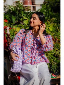 ODHANON - Blue Tie-Up Cotton Top for Women