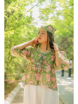 ODHANON - Green Floral Tie-Up Top for Women