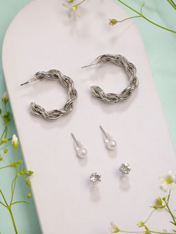 NVR - Womens Set of 3 Silver-Plated Artificial Stones Half Hoop Earrings
