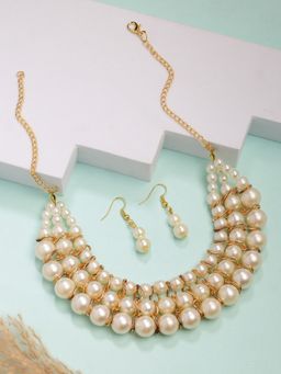 NVR - Womens Gold-Plated White Pearl-Beaded Handcrafted Jewellery Set