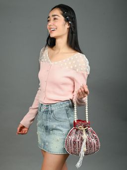 Odette - Red Suede Embellished Potli Bag