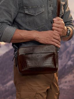 Lapis Bard - Dark Brown Mandeville Croc-Textured Crossbody Bag with Detachable Strap