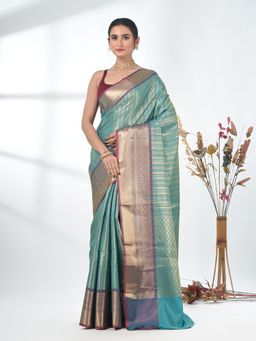 CHARUKRITI - Teal Woven Zari Brocade Saree with Unstitched Blouse