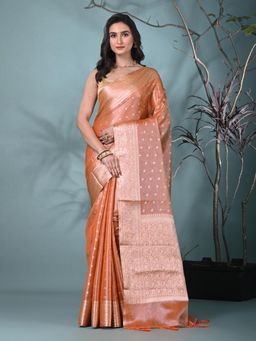 CHARUKRITI - Orange Woven Tassels Tissue Saree with Unstitched Blouse
