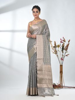 CHARUKRITI - Grey Woven Tassels Tissue Saree with Unstitched Blouse