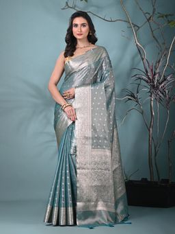 CHARUKRITI - Teal Woven Tassels Tissue Saree with Unstitched Blouse