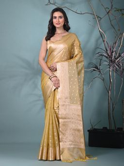 CHARUKRITI - Yellow Woven Tassels Tissue Saree with Unstitched Blouse