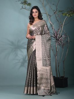 CHARUKRITI - Black Woven Tassels Tissue Saree with Unstitched Blouse